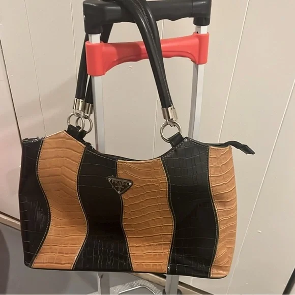 Authentic Prada Black and Tan Croc-Pattern Shoulder Bag - Picture 2 of 10